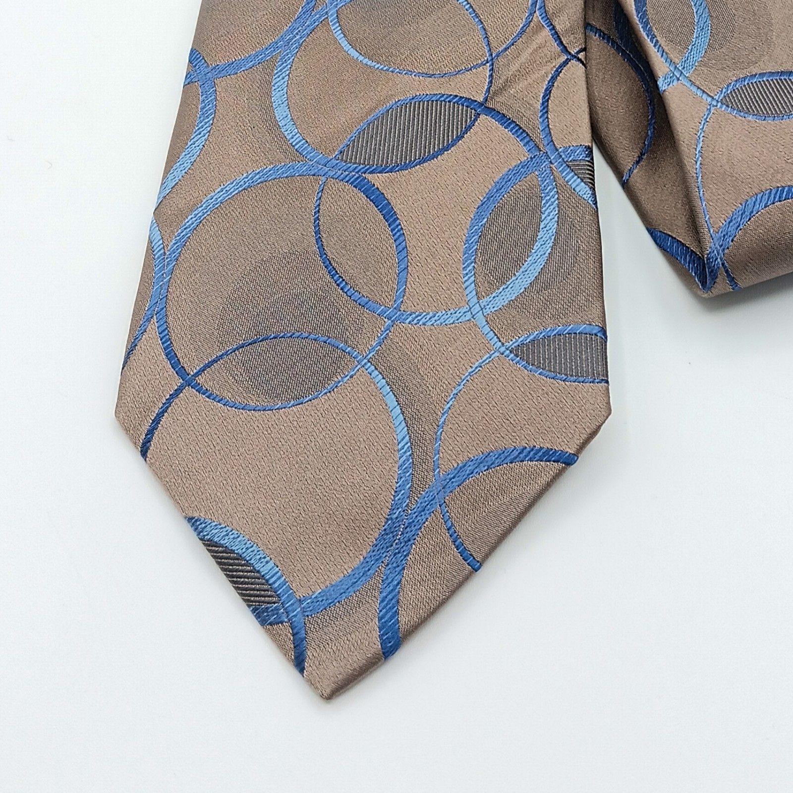 John Ashford Silk Tie Mens 60” Taupe Blue Geometric Circles Designer Wide New